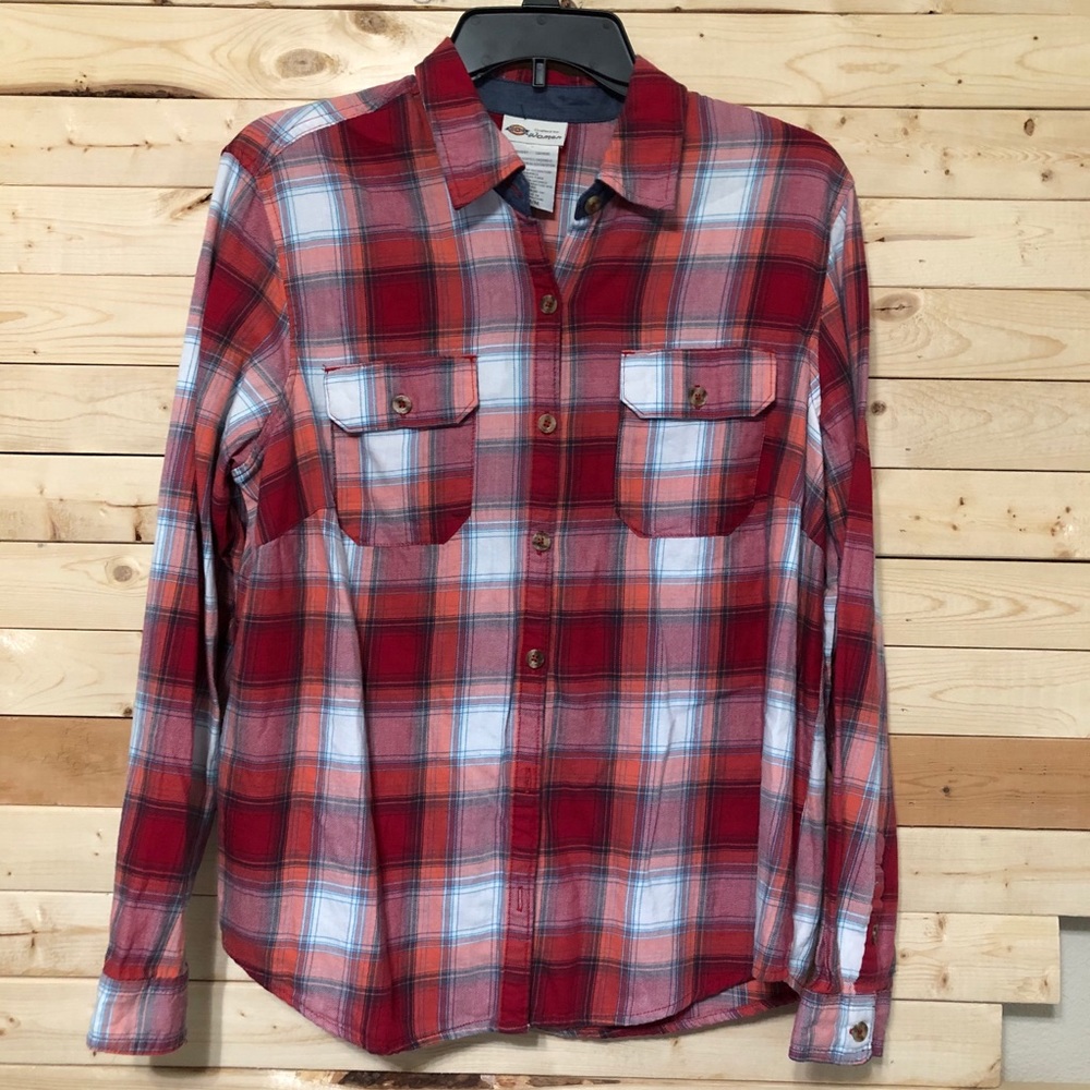 Dickies Vintage Women’s Red Orange Plaid  Button Up 100% Cotton Shirt top size M